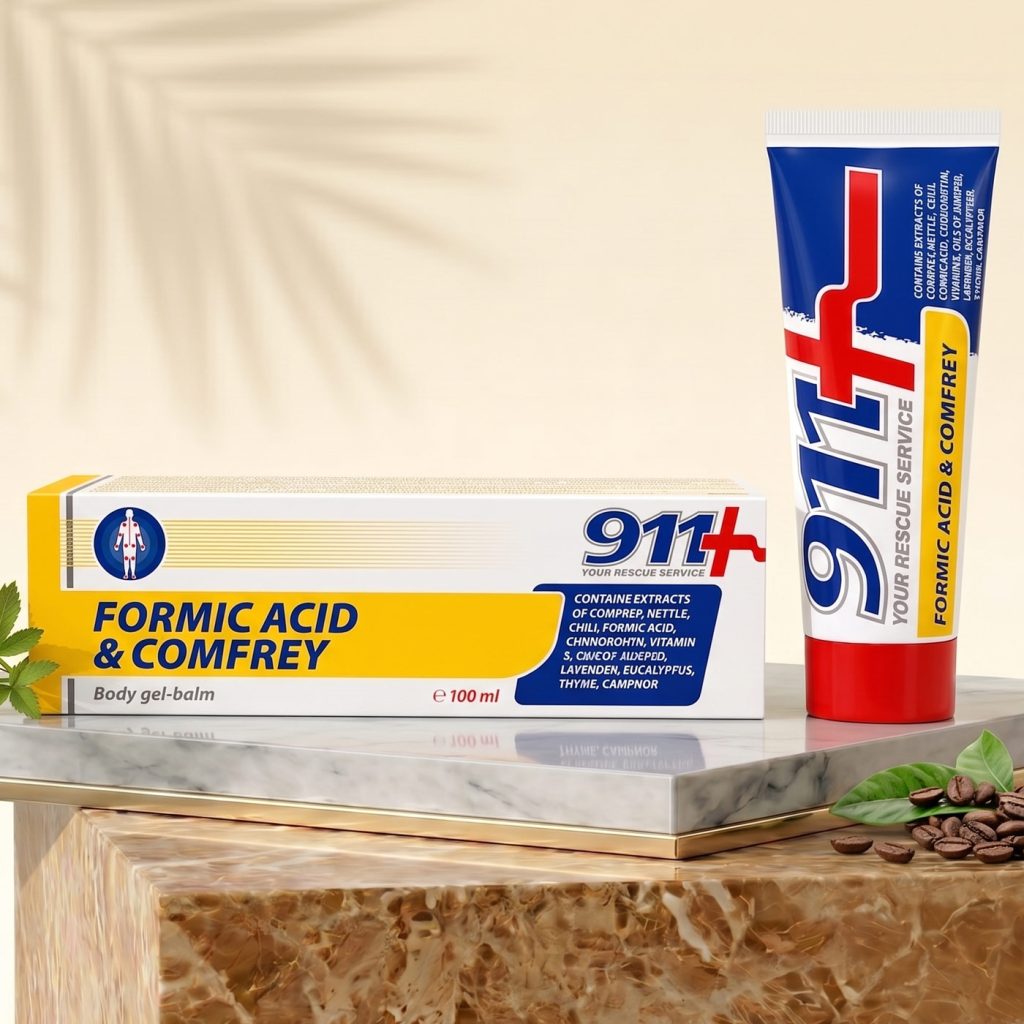 A FORMIC ACID & COMFREY Body Gel-Balm – 911 FARMAKOM egy intenzív hatású gyógynövényes gél-balzsam, amely hangyasavat (formic acid) és fekete nadálytő (comfrey) kivonatot tartalmaz.A készítmény melegítő hatású kozmetikai masszázsgél, amelyet a bőr ápolására és a mindennapi komfortérzet támogatására használnak. Könnyen felszívódik, és kellemes, tartós melegítő–élénkítő érzetet ad.